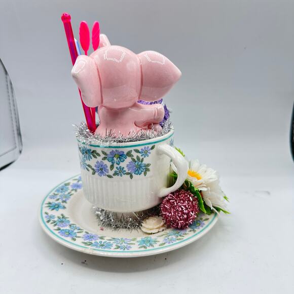 Birthday Pink Elephant Assemblage Decor - tea cup and florals - Picture 6 of 9